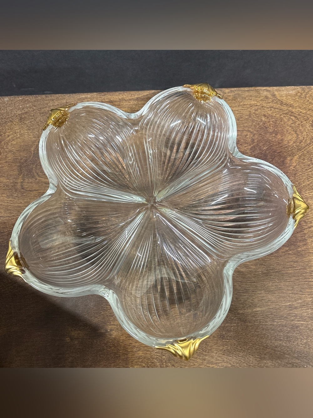 Studio Nova Clear Ribbed Glass Floral Serving Dish with Gold Accents